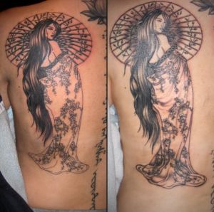 Black and gray geisha tattoo